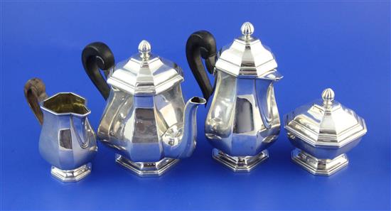 A late 19th/early 20th century French 950 standard silver four piece batchelors tea and coffee set, gross 23 oz.